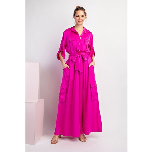 200 • Fuchsia Pink Satin Palazzo Jumpsuit - Picture 7 of 10